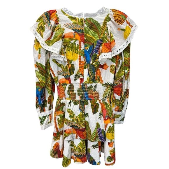 Farm Rio Tropical Birds Mini Dress Small Boho Ruffle Sleeve 100% Cotton - Picture 5 of 13